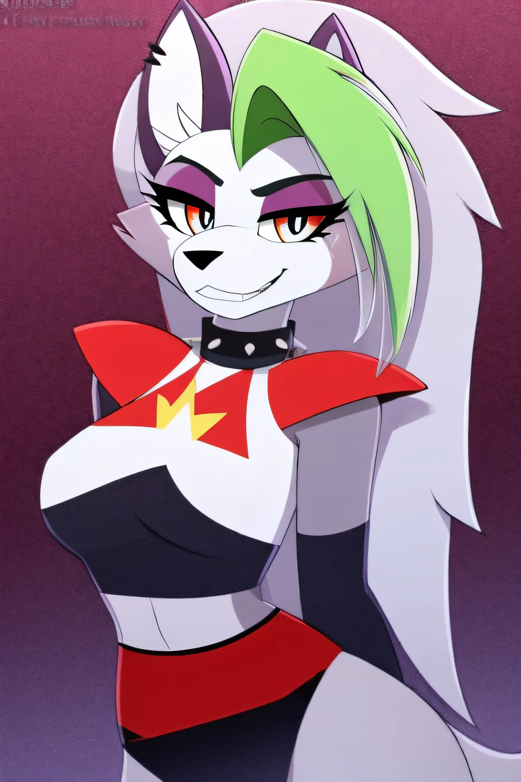 ((masterpiece)), (best quality), (8k), (ultra high resolution), (roxanne fusion loona:1.2), solo, furry female, body fur, makeup, sexy clothes, , smiling, ((highly detailed eyes))