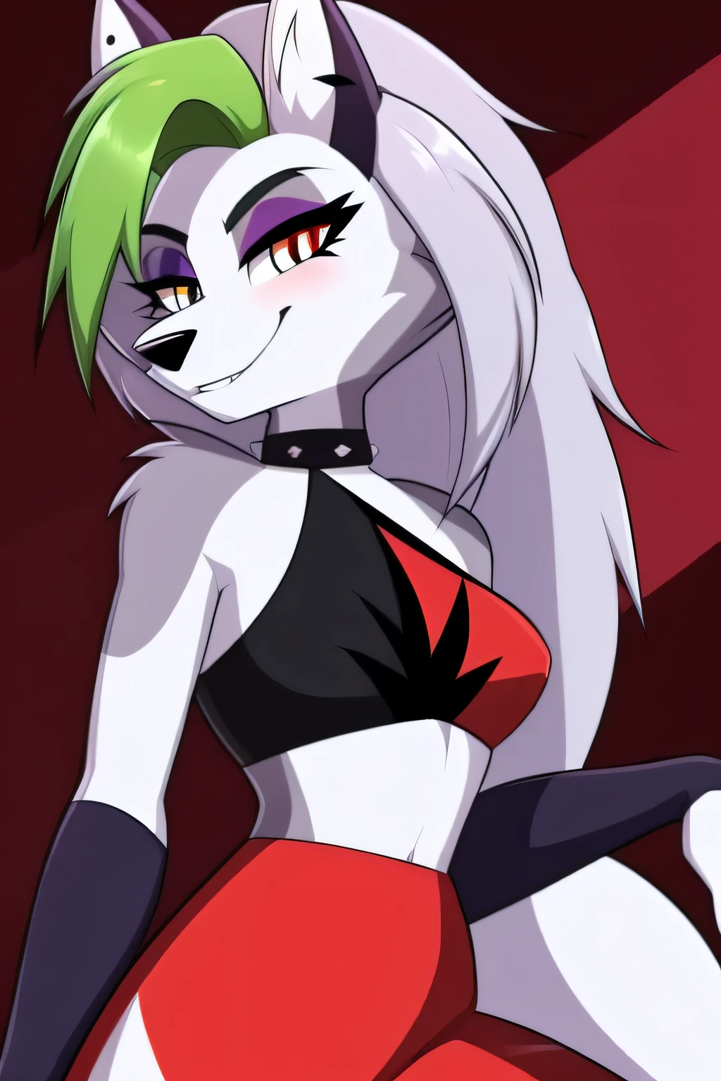 ((masterpiece)), (best quality), (8k), (ultra high resolution), (roxanne fusion loona:1.2), solo, furry female, body fur, makeup, sexy clothes, , smiling, ((highly detailed eyes))