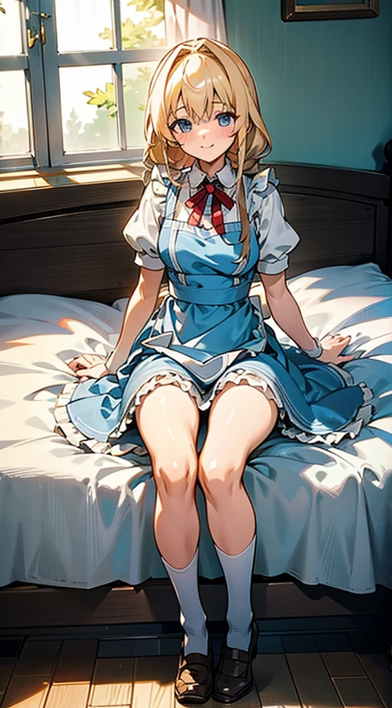 anime styled, The ultra -The high-definition, alice in the wonderland, Super cute girl, a blond, Long, shame, A sweet inviting smile, Light blue fluttering short dress, Layer a white apron skirt with frills, frilld, B-cup breasts, Light blue fluttering mini skirt, The socks are long white knee-high socks that go from the toes to mid-thigh., and draw the full body, Inside an old Western-style building, absurd worldview, window where bright sunlight shines through, Her clothes are a little disarrayed and her breasts are exposed., Pee, I pee and the urine comes out from my crotch and flows down my thighs., Lie down on the bed, Free Pose