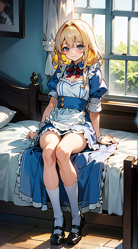 anime styled, The ultra -The high-definition, alice in the wonderland, Super cute girl, a blond, Long, shame, A sweet inviting smile, Light blue fluttering short dress, Layer a white apron skirt with frills, frilld, B-cup breasts, Light blue fluttering mini skirt, The socks are long white knee-high socks that go from the toes to mid-thigh., and draw the full body, Inside an old Western-style building, absurd worldview, window where bright sunlight shines through, Her clothes are a little disarrayed and her breasts are exposed., Pee, I pee and the urine comes out from my crotch and flows down my thighs., Lie down on the bed, Free Pose