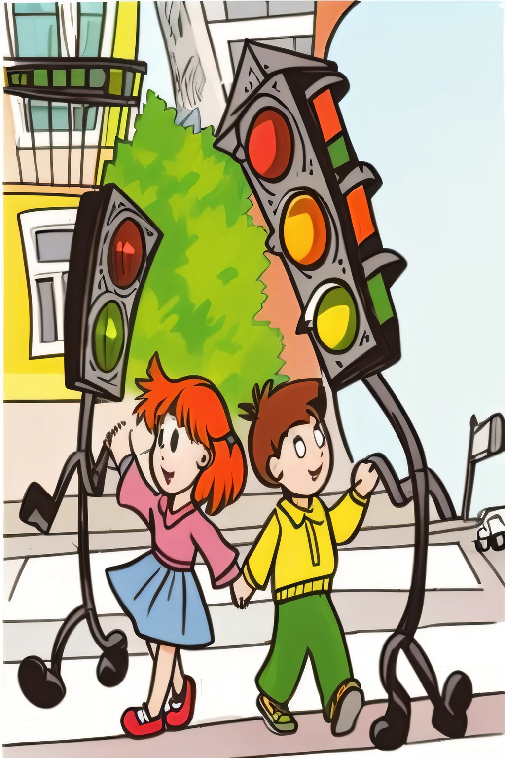 there is a picture of a cartoon picture of two children crossing the street, pedestrians, illustration for children, kids book illustration, traffic light, childrens book illustration, children book illustration, by Bencho Obreshkov, children's book illustration, children’s book illustration, childrens book, colorful kids book illustration, children's cartoon, crosswalk, traffic lights