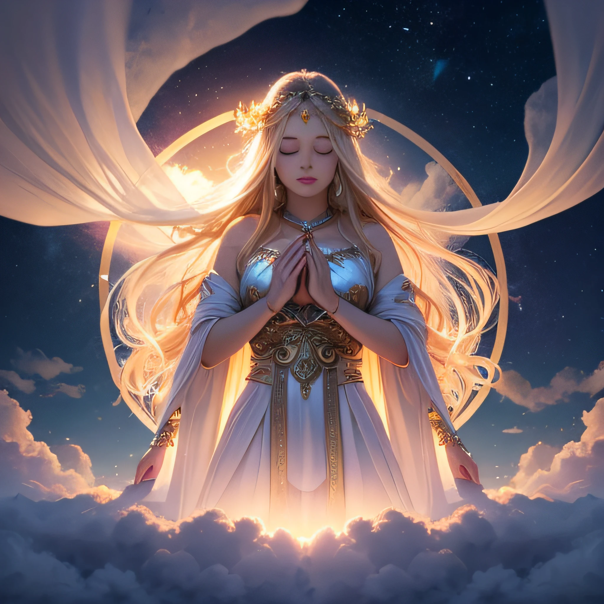 elysium above clouds with goddess of love with silk cloths, closed eyes, blonde, long hair at top center, frontal view, light fog, big halo around body, full body