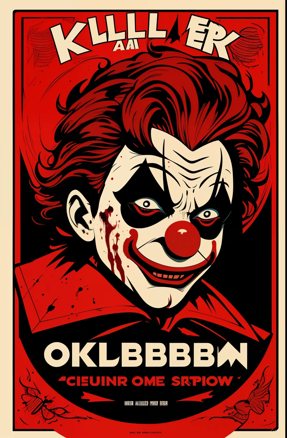 ( a killer clown , bloody, vector art, Chibi, Colouring,
Primary works, hd, 4k, comics, Beautiful and Aesthetic, Conceptual art in the style of Obey, by artist Shepard , D*Face (Dean Stockton), cinema poster, vintage design