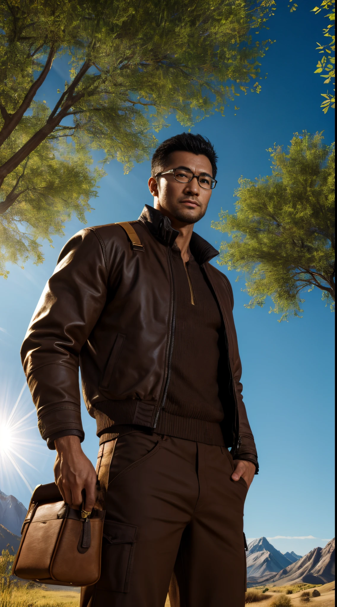 professional photoshooting, The village chief stands on the dirt road，Looking，Jacket jacket，There are willow trees next to it，Tsuchiya，（（eye glass）），Dark brown clothes，high detal, Close-up bust shot, in a panoramic view，Side of the body，Carrying a bag，Asian man in his forties，Nasolabial folds，Rough face，worried expressions，oily skin reaction，thick-waisted，wide waist，with brown skin，Dark brown trousers，((crotch bulging))，（crotch bulging），Detailed hair details，Paintings in the style of Gaston Busier，Sunnyday，blue-sky，rays of sunshine，blue-sky，There are mountain peaks in the distance，llight rays，globalillumination， CG-level lighting rendering，low-contrast， (Best quality)，tmasterpiece，8K wallpaper quality，List of Utria , Cinematic