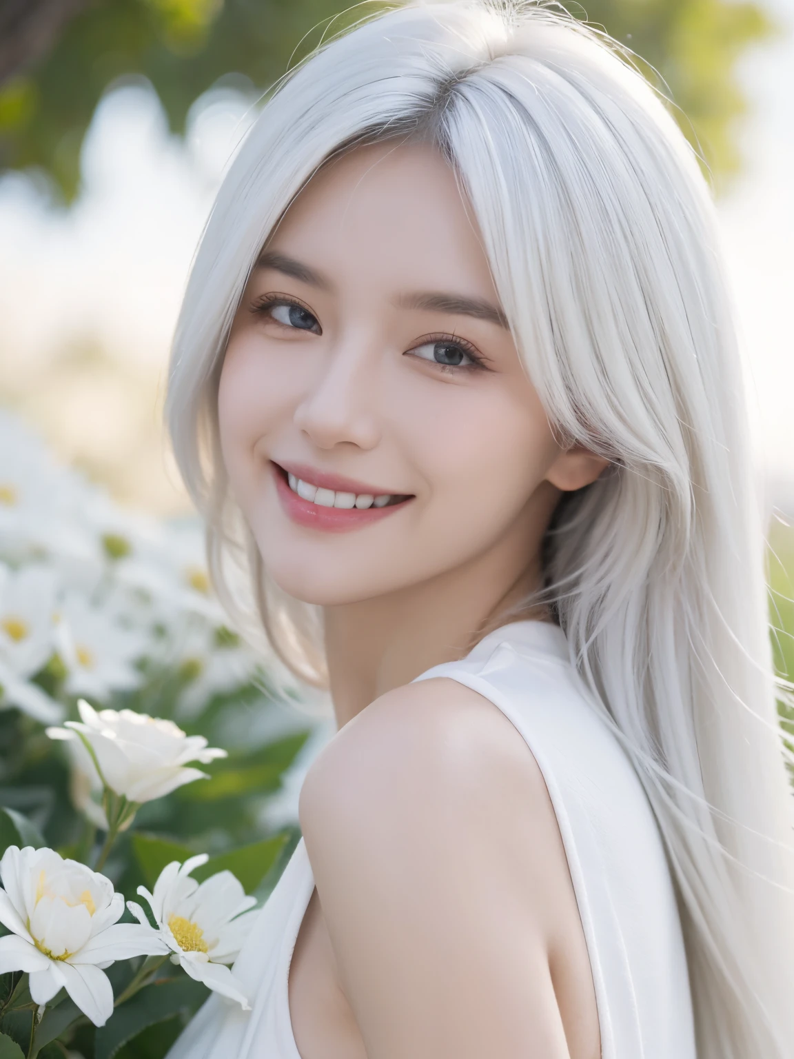 tmasterpiece, Best quality, 1 Sister, White hair, Smiling, looking at viewert, , Fully mature, There are flowers