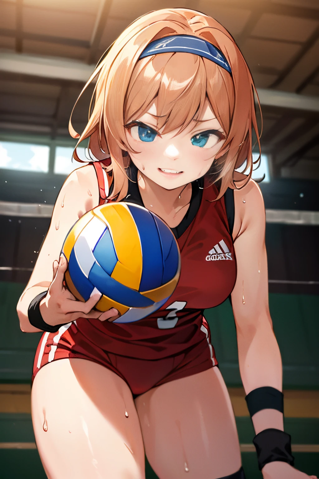 unity 8k wallpaper, anatomically correct, (((masterpiece))), (((best quality))), (((ultra detailed))), (((high-resolution))), ((super fine illustration)), ((Ultimate cutie)), ((detailed beautiful face)), ((perfect hands)), ((perfect finger)), (((good anatomy))), Solo, One girl, 17 years old, (potbelly), (Curve), medium breasts, ((thick thighs)), Shiny hair, ((evil smile)), (smirk), (blush)), BREAK, Adidas, (((Buruma))), (Sleeveless Volleyball Uniforms), head band, ((wristbands)), ((Kneepads)), BREAK, ((Hold a beautiful spherical 6-inch volleyball with both hands)), (leaning forward), ((Sweat)), (perspired), (Heavy breathing), Sense of depth, in gymnasium, Lighting, (Looking down), cowboy shot