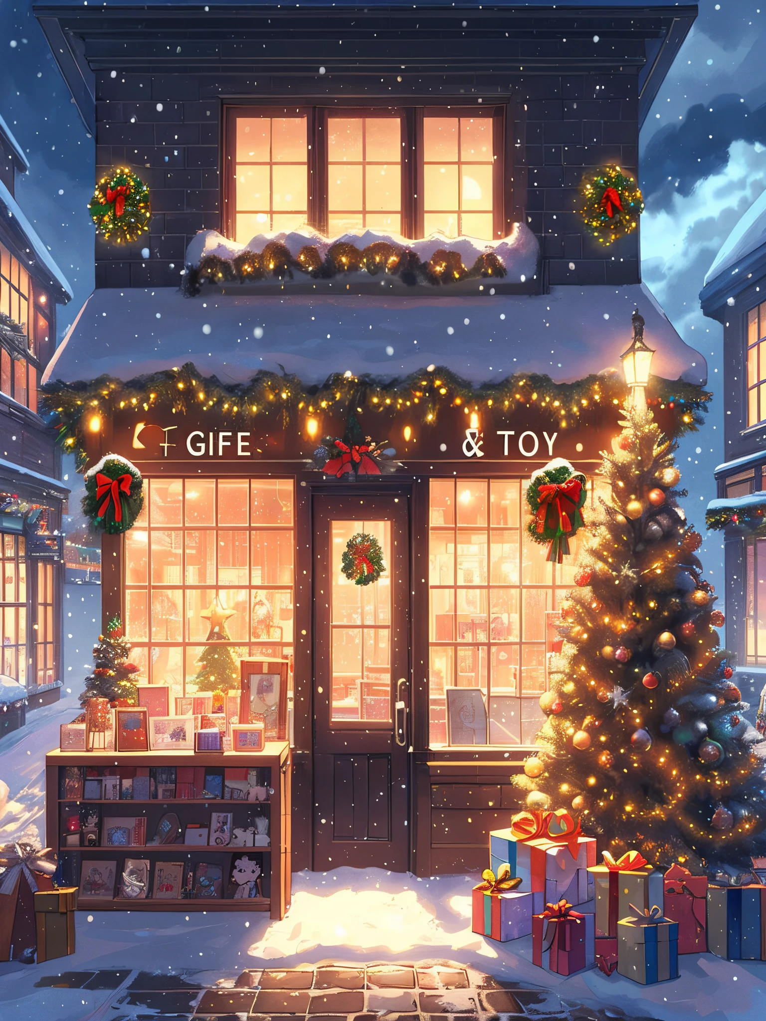 Draw an anime lofi scene of front of gift and toy shop during christmas in winters, warmth, glass door, decoration, christmas vive, snowfall, Christmas tree outside, fairylights, no one, decorated, night, no human, cloudy sky, beautiful color palette