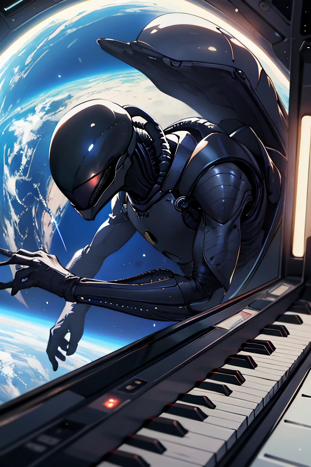 alien playing piano in space