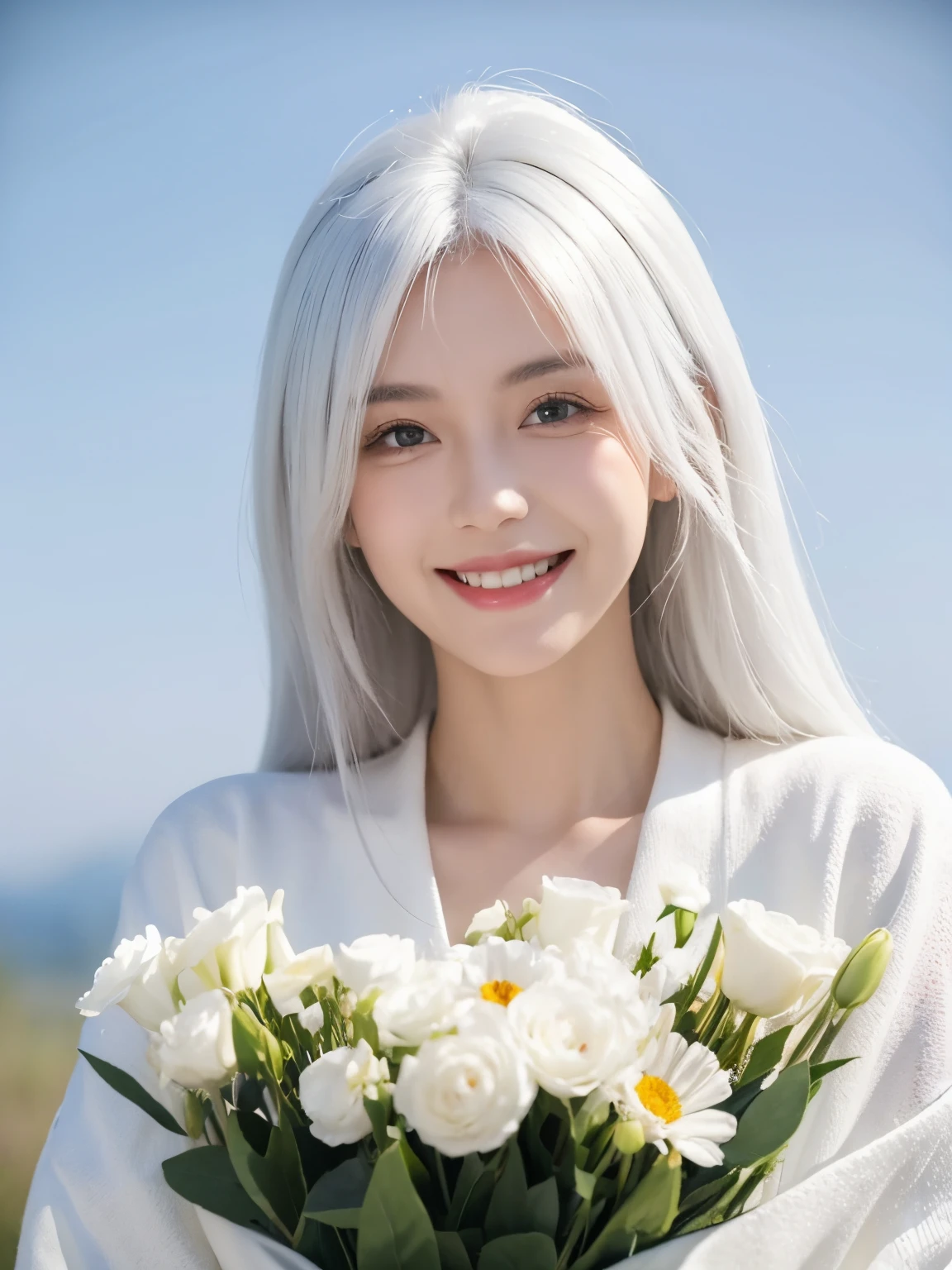 tmasterpiece, Best quality, 1 Sister, White hair, Smiling, looking at viewert, , Fully mature, There are flowers
