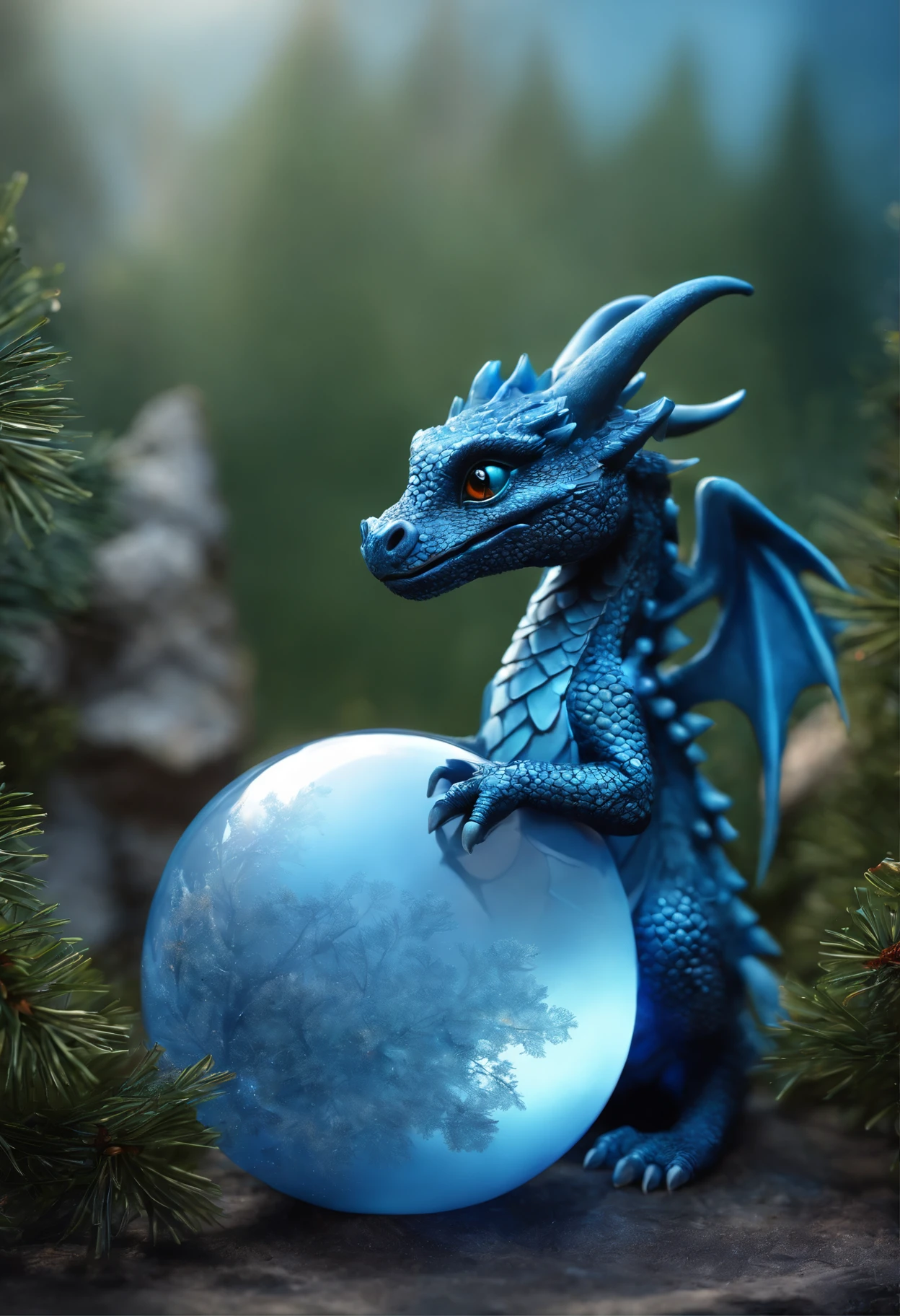 a blue dragon sits on a stone holding a Christmas tree crystal ball with a Christmas tree inside, with Christmas ornament, Cute little blue dragon, Cute little dragon, cute detailed digital art, adorable digital painting, 8k high quality detailed art, 4k detailed digital art, digesting a small dragon, realistic fantasy illustration, Frost Dragon, highly detailed 4k digital art, A Newly Hatched Dragon, Cute digital art