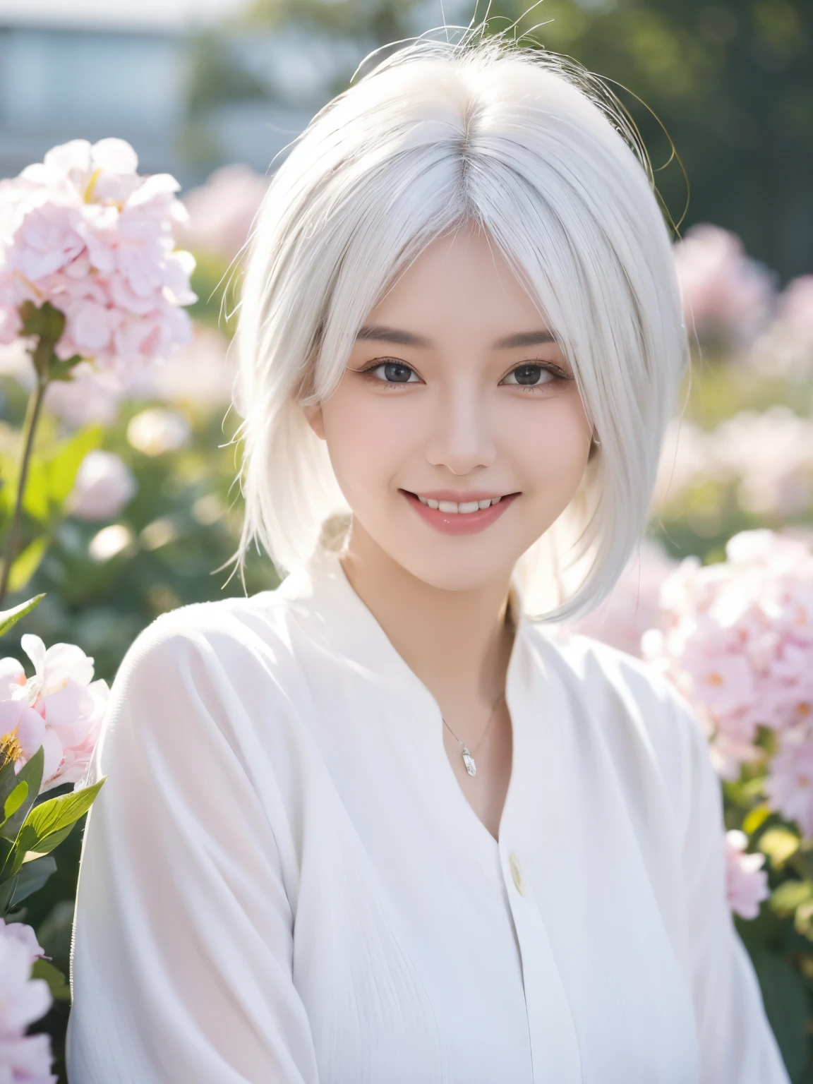tmasterpiece, Best quality, 1 Sister, White hair, Smiling, looking at viewert, , Fully mature, There are flowers