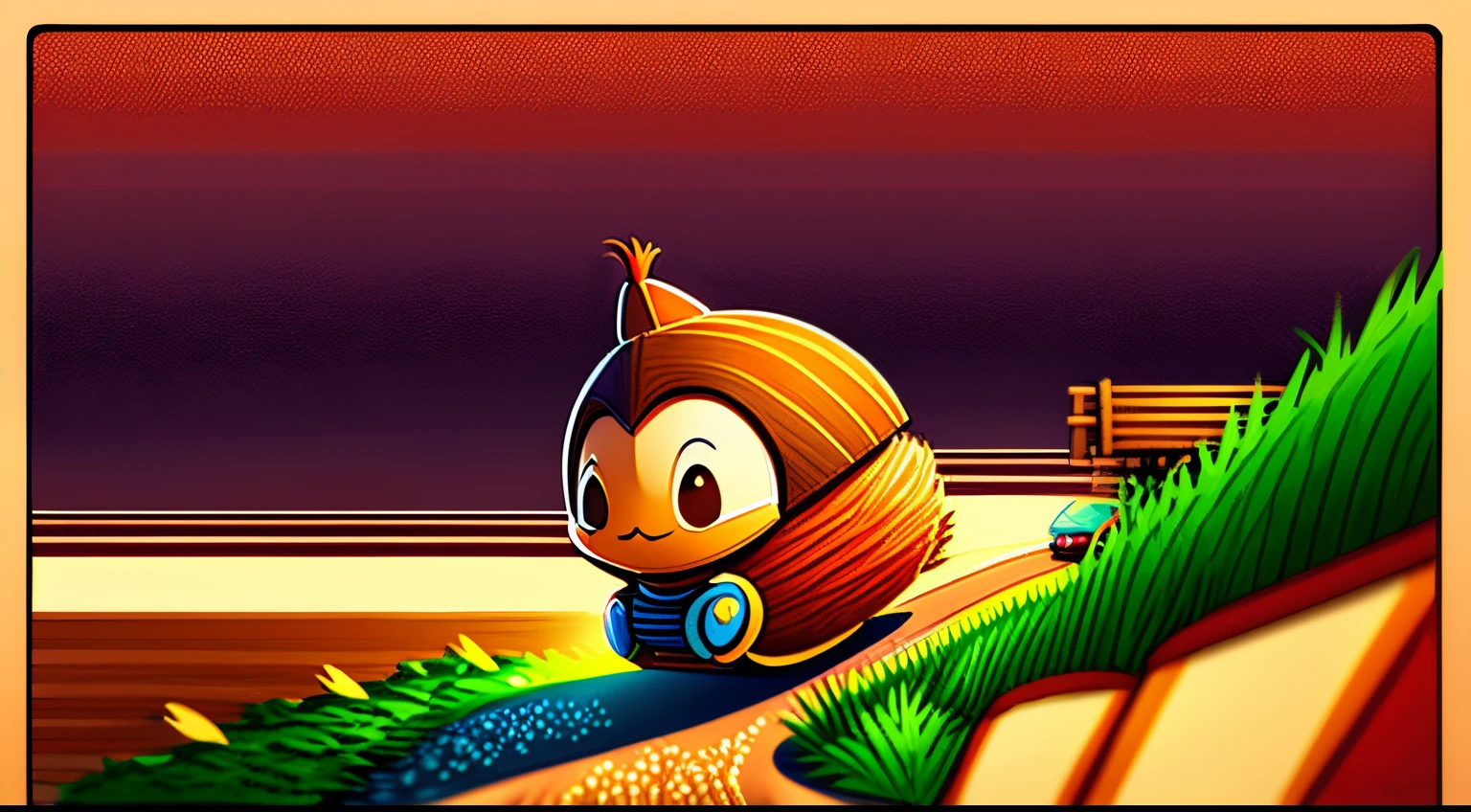 masterpiece, top quality comic-style colored illustration of an anthropomorphic acorn rolling down a slope. country road seaside on blurred background , 3D, 32K, full HDR, Real image,