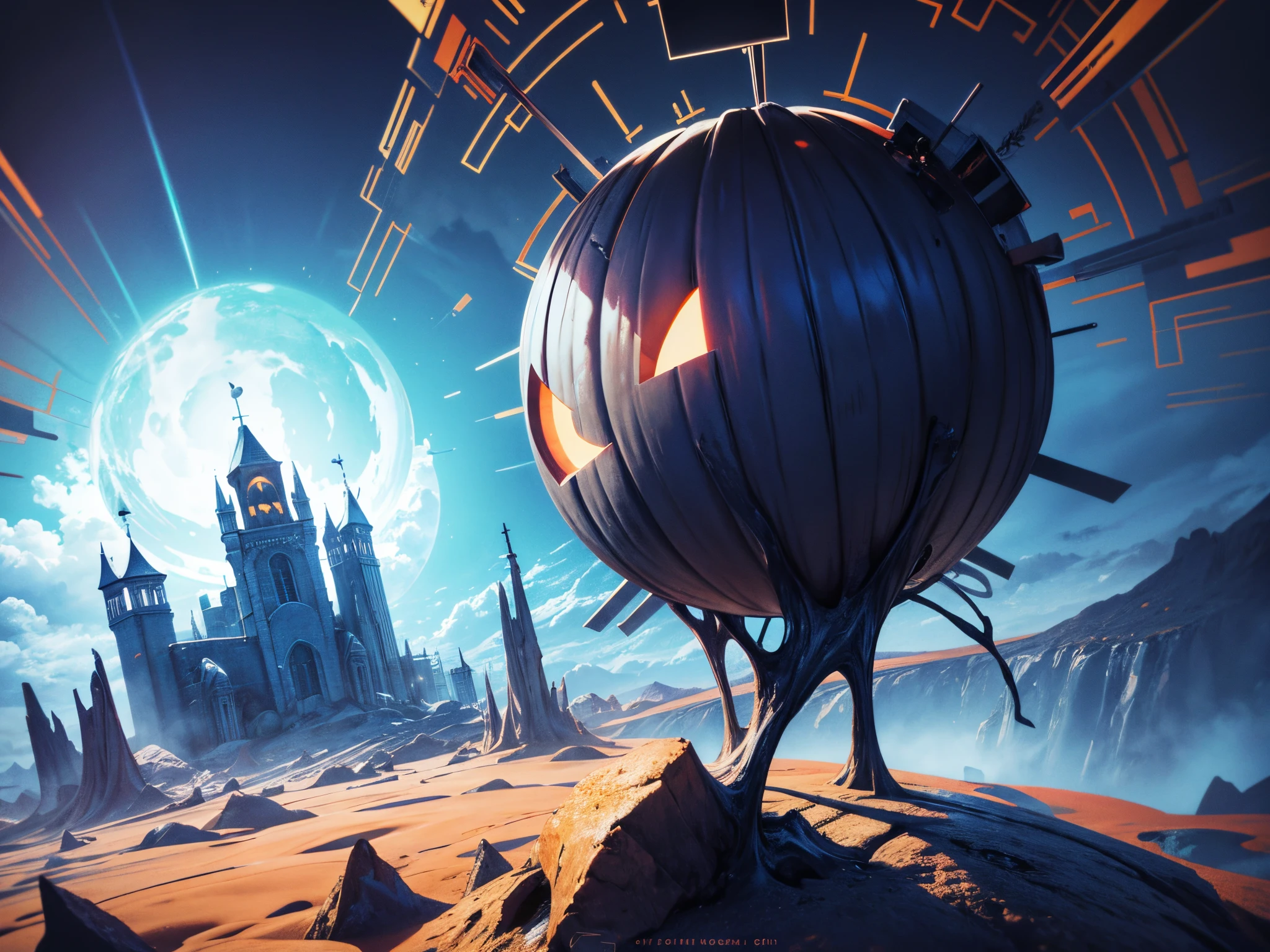 Pan across a surreal landscape where 3D basic symbols and shapes create a portal to a mysterious realm, blending the eerie with the simplicity of geometry. Add depth to this Halloween adventure. enormous tits