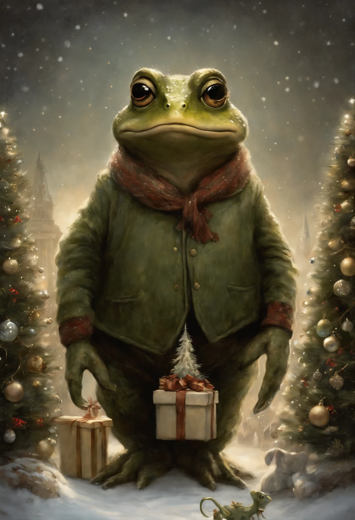 真实感, dark fantasy style, John Tolkien style, Small painting by Jean-Baptiste Monge, a fluffy girl in a frog pajama suit stands near a Christmas tree with gifts , looks like a frog girl in pajamas, In a short black leather jacket....., Jeans, standing next to a huge Christmas tree, The city, megalopolis, city central square, Downtown, Big Christmas tree, Jean-Baptiste Monge, anthropomorphic --ar 2:3 --testp -optimistic;