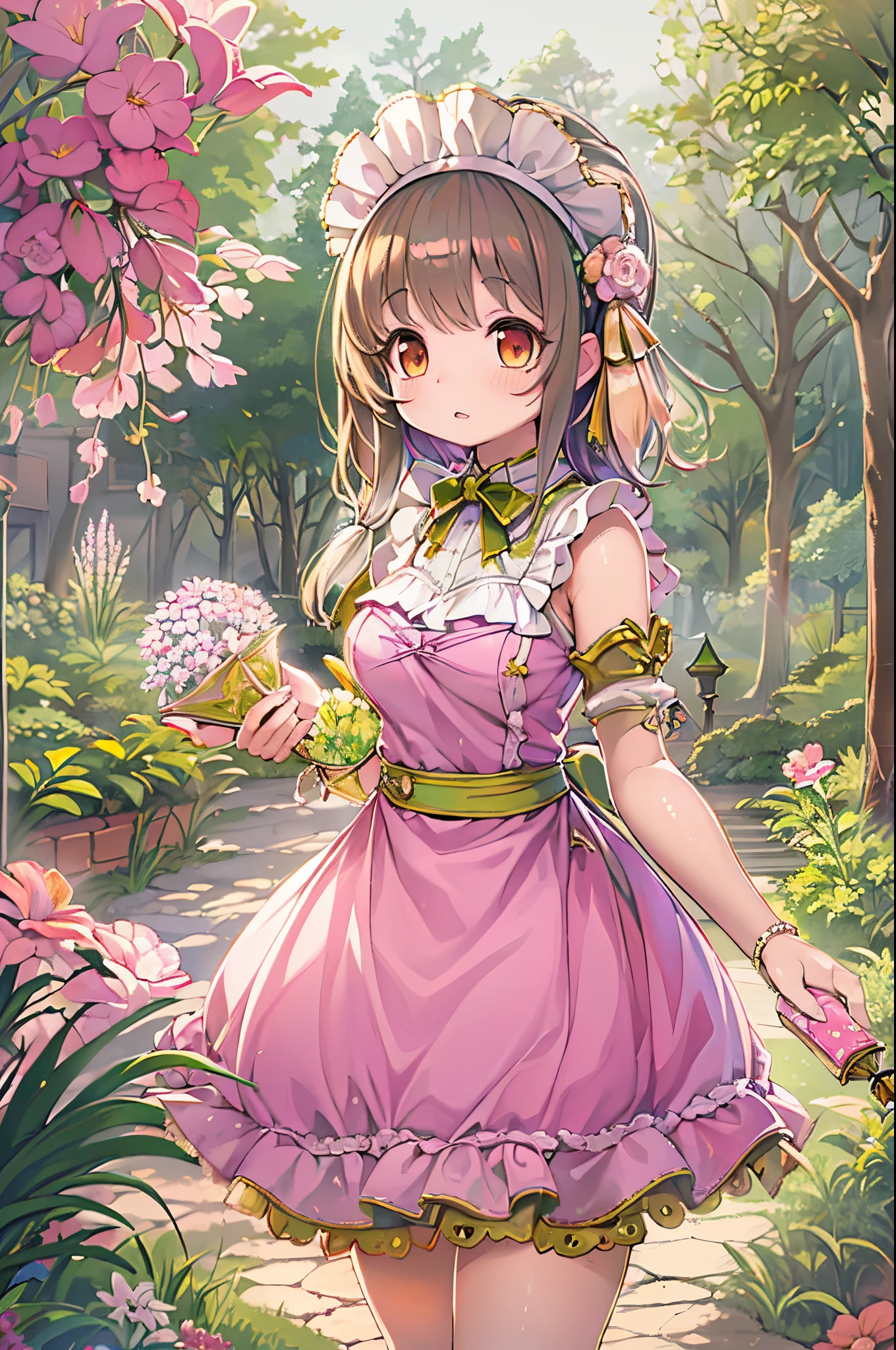 Anime girl in a pink dress posing in a garden with flowers, in dress, small curvy lolisexy maid in a magical forest, Lori, Cute anime waifu in a nice dress, frilld, fluffy chest, maid dress, pixiv 3dcg, anime girls in maid costumes, anime highly detailed, oppai
