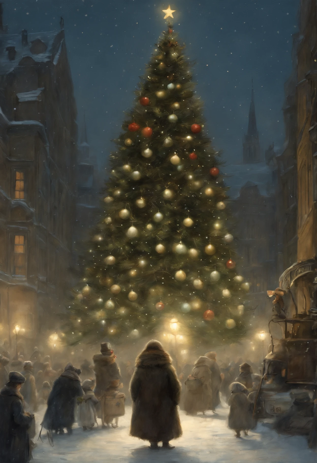 真实感, dark fantasy style, John Tolkien style, Small painting by Jean-Baptiste Monge, a fluffy girl in a frog pajama suit stands near a Christmas tree with gifts , looks like a frog girl in pajamas, In a short black leather jacket....., Jeans, standing next to a huge Christmas tree, The city, megalopolis, city central square, Downtown, Big Christmas tree, Jean-Baptiste Monge, anthropomorphic --ar 2:3 --testp -optimistic;