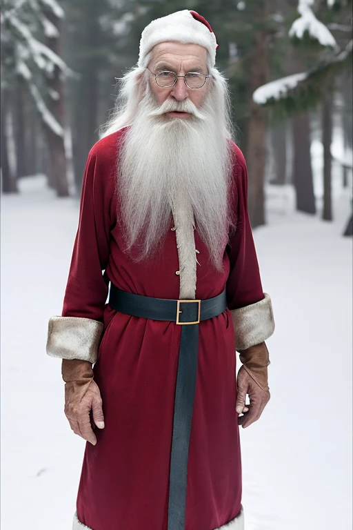 An elder with a long beard and white hair, with a serene face wrinkles, looking producing, body older weak, skinny bones hairy, body naked, his shirt was open to reveal his stomach wrinkles older hairy weak and chest, arms legs neck hands feet skinny old and weak, Santa Claus hat, gloves and open coat,shy and blushed, Lying in the snow,snow lily,Closed eyes,master-piece,4K images,beste-Qualit