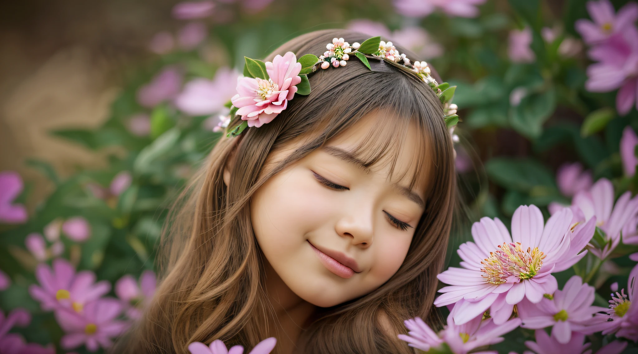 there is a young CHILD girl with a flower in her hair, beautiful languid princess, cute young girl, sleepy fashion model face, flower child, sleeping princess!!!!, girl with a flower head, beautiful young girl, beautiful young girl, beautiful young model, young woman with closed eyes, blond-haired princess, sleepy expression, beautiful girl, wearing a headband
