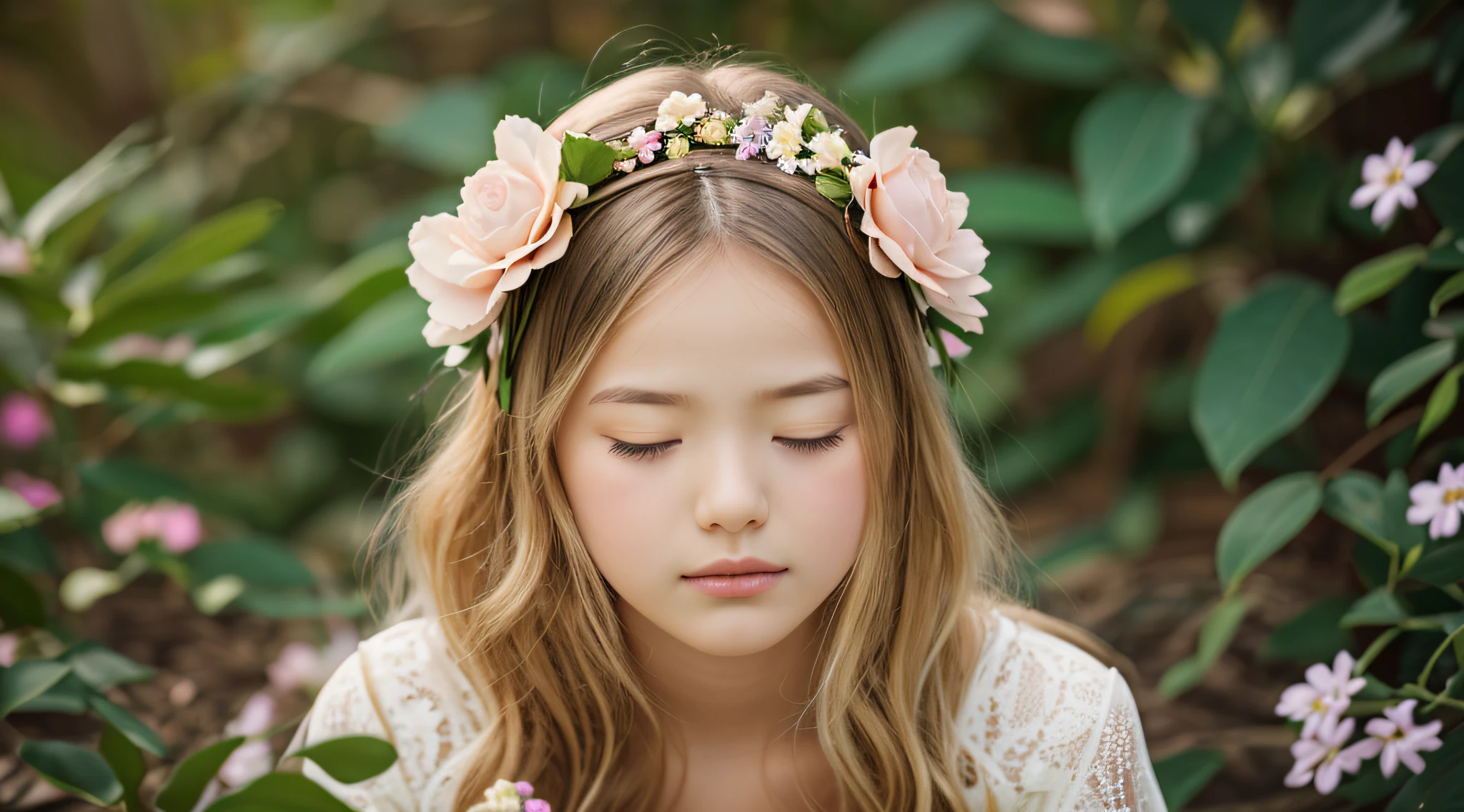 there is a young CHILD girl with a flower in her hair, beautiful languid princess, cute young girl, sleepy fashion model face, flower child, sleeping princess!!!!, girl with a flower head, beautiful young girl, beautiful young girl, beautiful young model, young woman with closed eyes, blond-haired princess, sleepy expression, beautiful girl, wearing a headband