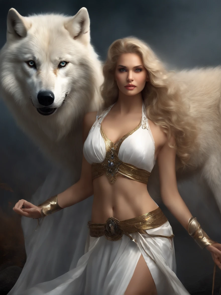 (tmasterpiece), (topquality), (more detailed), (8K), (电影灯光), (Sharp focus), (Precise Anatomy), (photorealestic:1.5), (Fantasy art), Epic Movie Poster, Beautiful woman and white wolf, beautiful girl raised by a white wolf, next to the wolf, The wolf approaches the viewer with a kind muzzle, Meeting face to face, A girl with a beautiful face, NSFW Girl, dressless, Detailed face, Happy Look, perfectly proportional breasts, big breastes, skinny waist, bellybutton, large tities, thights, blond hair, blonde woman, hairlong, the girl is girded with a silver thread, Wolves have a large body, ferocious, (Correct anatomy), (A sense of speed:0.8),(Background Blend:0.8), (Windy storms:1.1), dramatic lighting, thick fog, Fog of the Abyss, universe, Orion Nebula, star universe, Very bright morning sunlight,