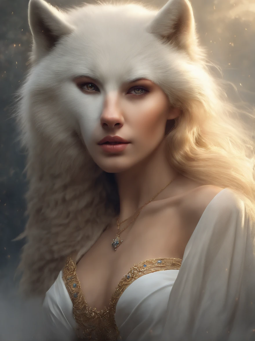 (tmasterpiece), (topquality), (more detailed), (8K), (电影灯光), (Sharp focus), (Precise Anatomy), (photorealestic:1.5), (Fantasy art), Epic Movie Poster, Beautiful woman and white wolf, beautiful girl raised by a white wolf, next to the wolf, The wolf approaches the viewer with a kind muzzle, Meeting face to face, A girl with a beautiful face, NSFW Girl, dressless,  Detailed face, Happy Look, perfectly proportional breasts, big breastes, skinny waist, bellybutton, large tities, thights, blond hair, blonde woman, hairlong, the girl is girded with a silver thread, Wolves have a large body, ferocious, (Correct anatomy), (A sense of speed:0.8),(Background Blend:0.8), (Windy storms:1.1), dramatic  lighting, thick fog, Fog of the Abyss, universe, Orion Nebula, star universe, Very bright morning sunlight,