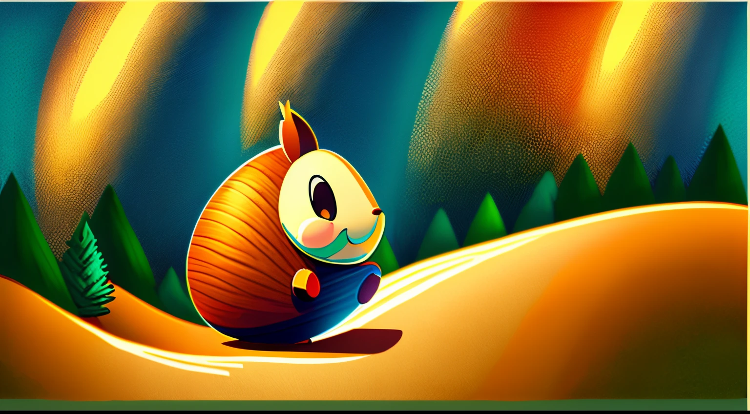 masterpiece, top quality comic-style colored illustration of an anthropomorphic acorn rolling down a slope. country road seaside on blurred background , 3D, 32K, full HDR, Real image,