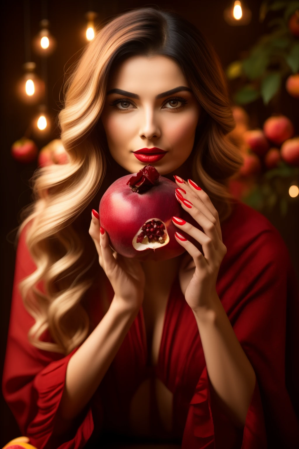 arafed woman with red lipstick holding a pomegranate in front of her face, pomegranate, by Galen Dara, by Zofia Stryjenska, gorgeous lady, she is eating a peach, by Juan O'Gorman, flora borsi, by Aleksander Gierymski, by Aleksander Kobzdej, by Hristofor Zhefarovich