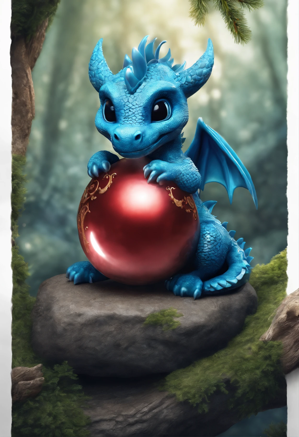 a blue dragon sits on a stone holding a Christmas tree crystal ball with a Christmas tree inside, with Christmas ornament, Cute little blue dragon, Cute little dragon, cute detailed digital art, adorable digital painting, 8k high quality detailed art, 4k detailed digital art, digesting a small dragon, realistic fantasy illustration, Frost Dragon, highly detailed 4k digital art, A Newly Hatched Dragon, Cute digital art