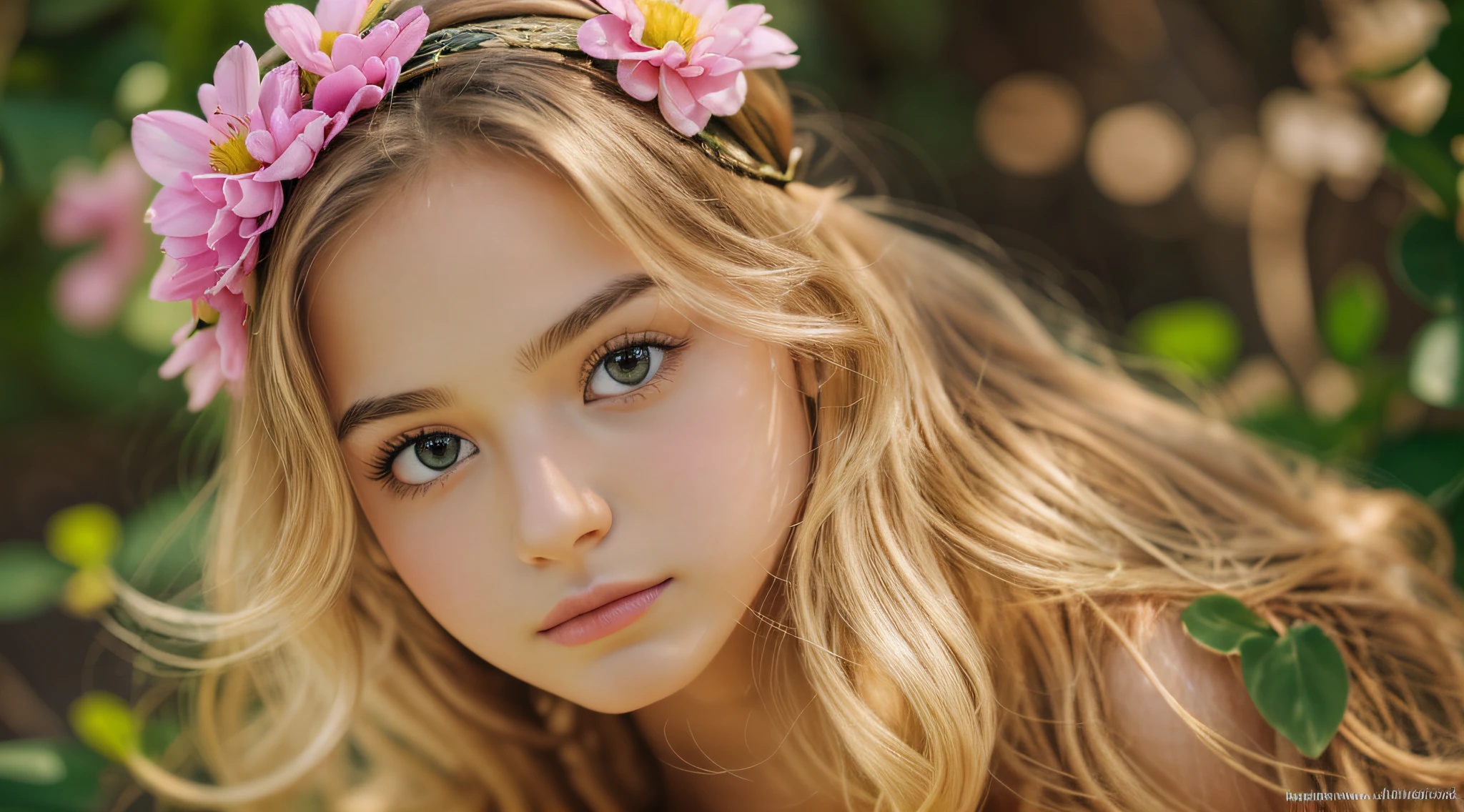 there is a young golden blonde with a flower in her hair, lovely languid princess, jovem bonito, rosto modelo de moda sonolento, flower child, Princesa Adormecida!!!!, girl with a flower head, menina bonita, menina jovemito, modelo jovem lindo, jovem, com olhos fechados, loiro - princesa de cabelo, sleepy expression, menina bonita, wea headband
