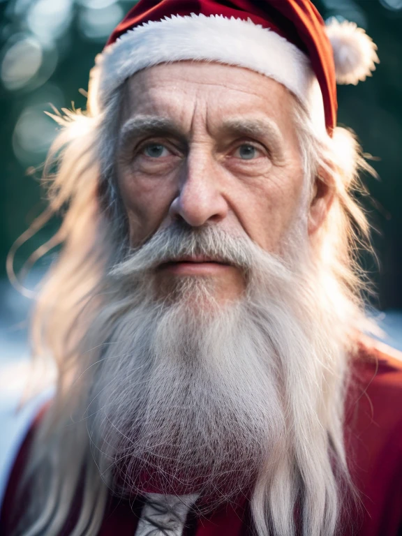 An elder with a long beard and white hair, with a serene face wrinkles, looking producing, body older weak, skinny bones hairy, body naked, his shirt was open to reveal his stomach wrinkles older hairy weak and chest, arms legs neck hands feet skinny old and weak, Santa Claus hat, gloves and open coat,shy and blushed, Lying in the snow,snow lily,Closed eyes,master-piece,4K images,beste-Qualit