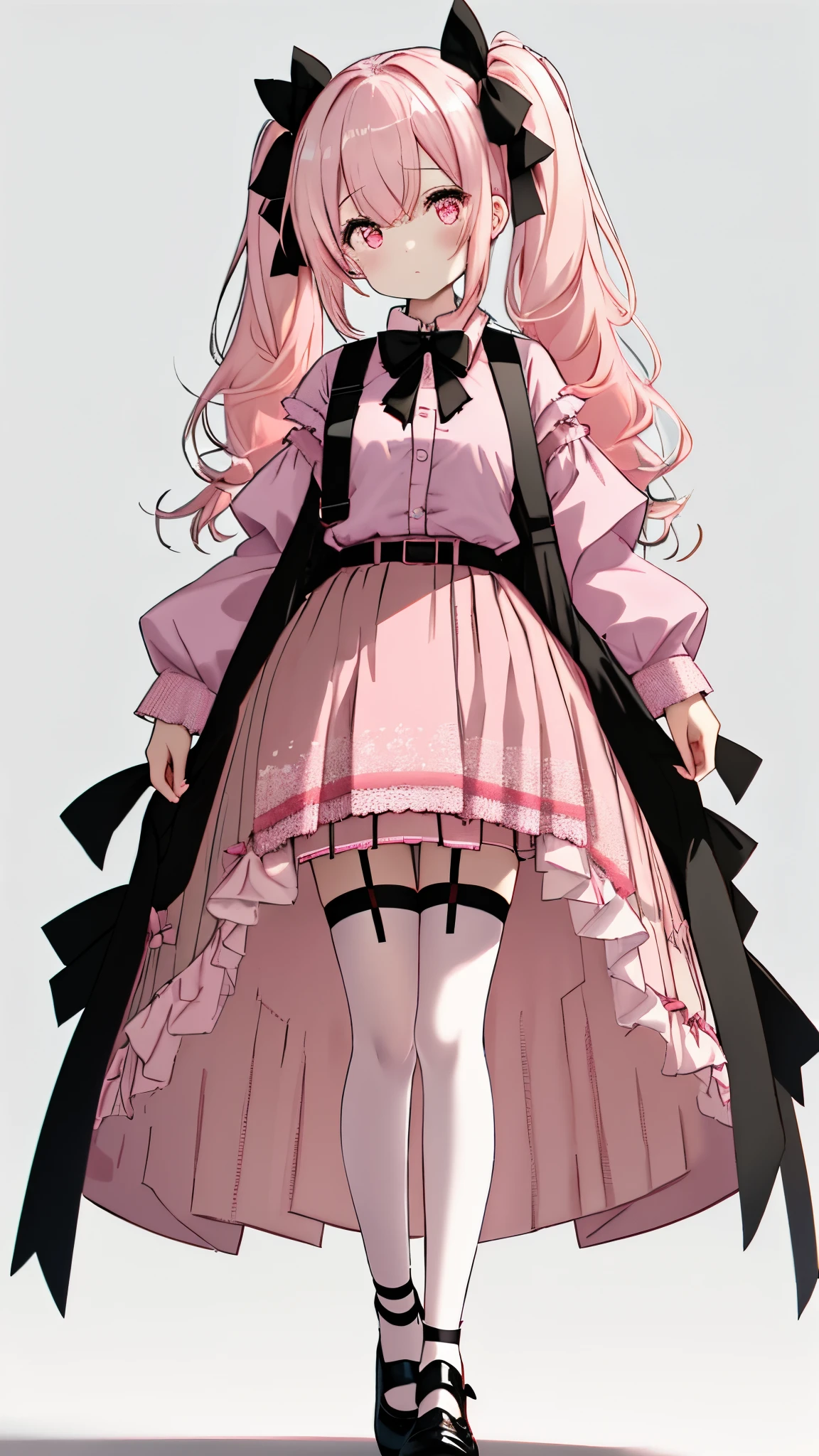 a girl, ((full length)),shoes,shinny hair,pigtails,ribbon,❤,upturned eyes,ornament,♡,((pale pink shirt)),black ribbons, bow tie,♡, pleated skirt ,ribbons,♡,[[💉]],garter belt,((standing)), solo,1girl,full length,shoes,white background,simple background,