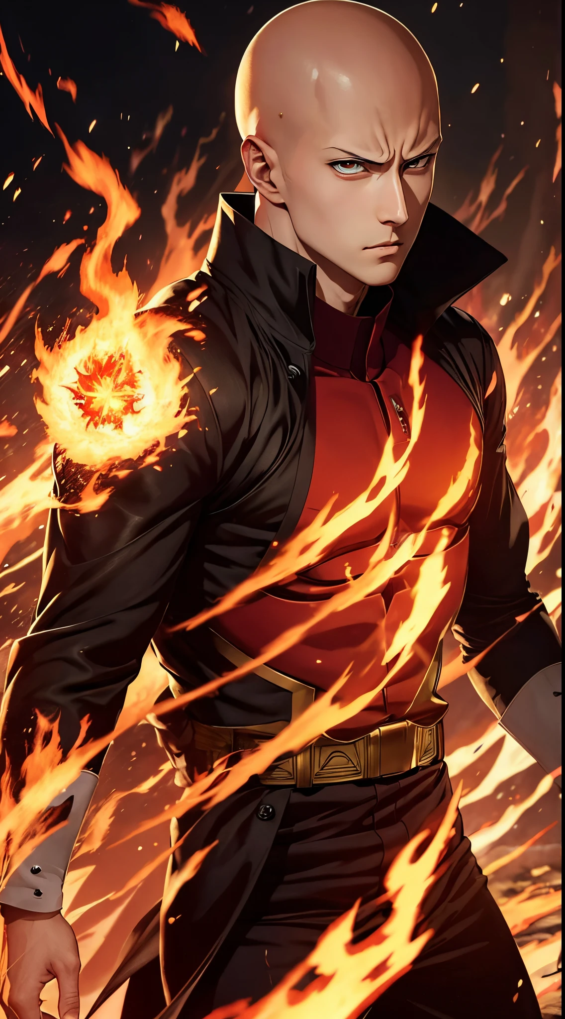 "Get lost in the mesmerizing gaze of Saitama's piercing red eyes as he effortlessly controls the element of fire with his relaxed and handsome demeanor."
