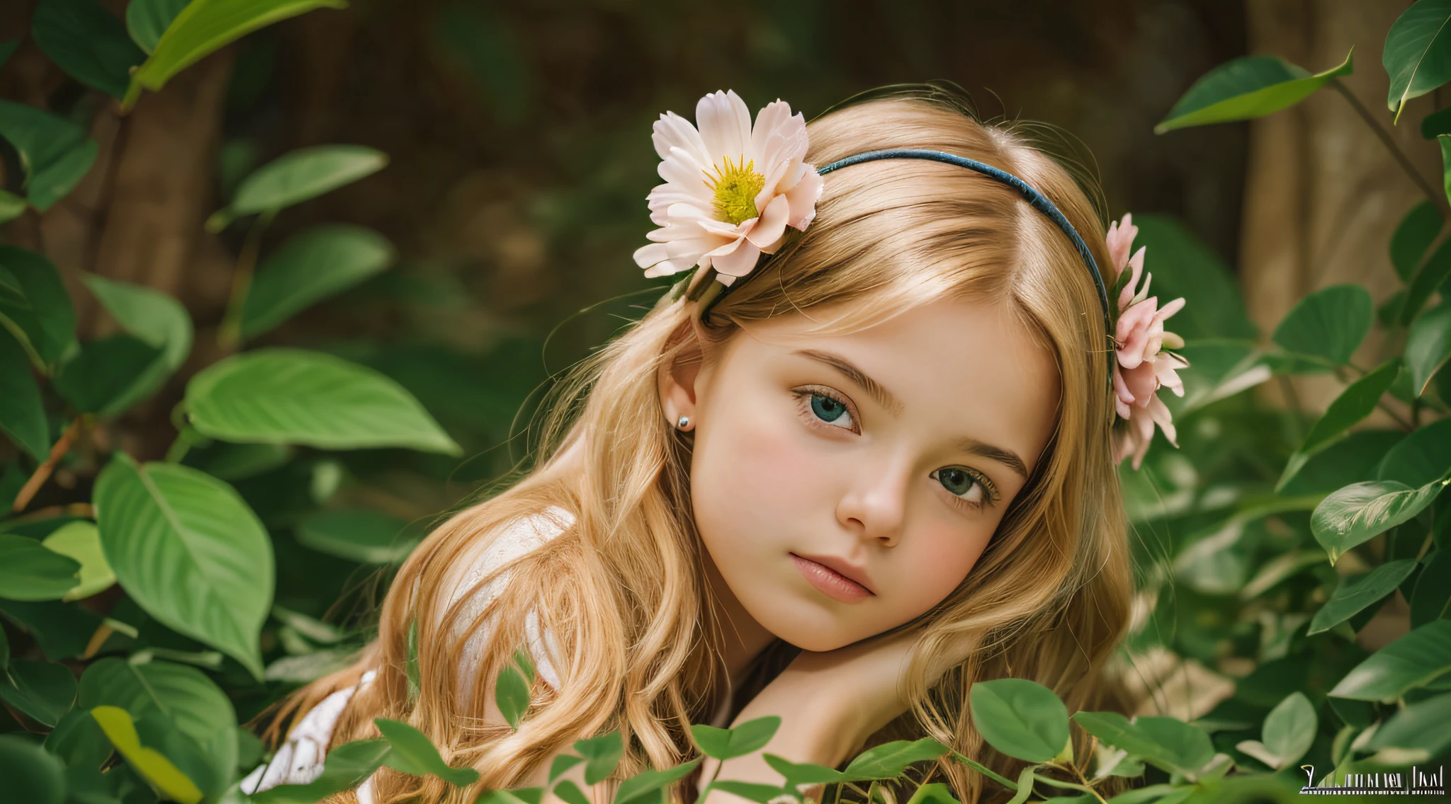 there is a young golden blonde with a flower in her hair, lovely languid princess, jovem bonito, rosto modelo de moda sonolento, flower child, Princesa Adormecida!!!!, girl with a flower head, menina bonita, menina jovemito, modelo jovem lindo, jovem, com olhos fechados, loiro - princesa de cabelo, sleepy expression, menina bonita, wea headband
