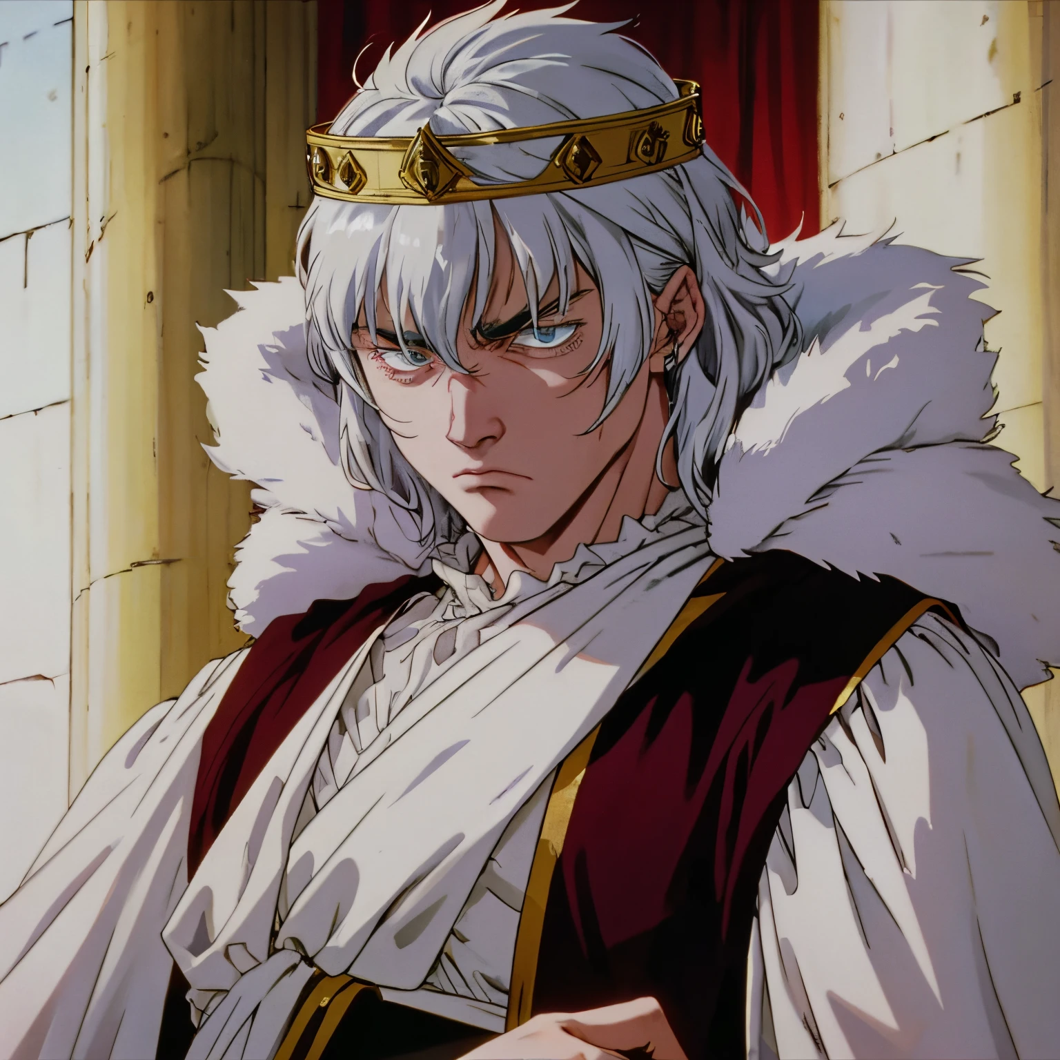 Angry but attractive white-haired young man wearing a luxurious king's crown