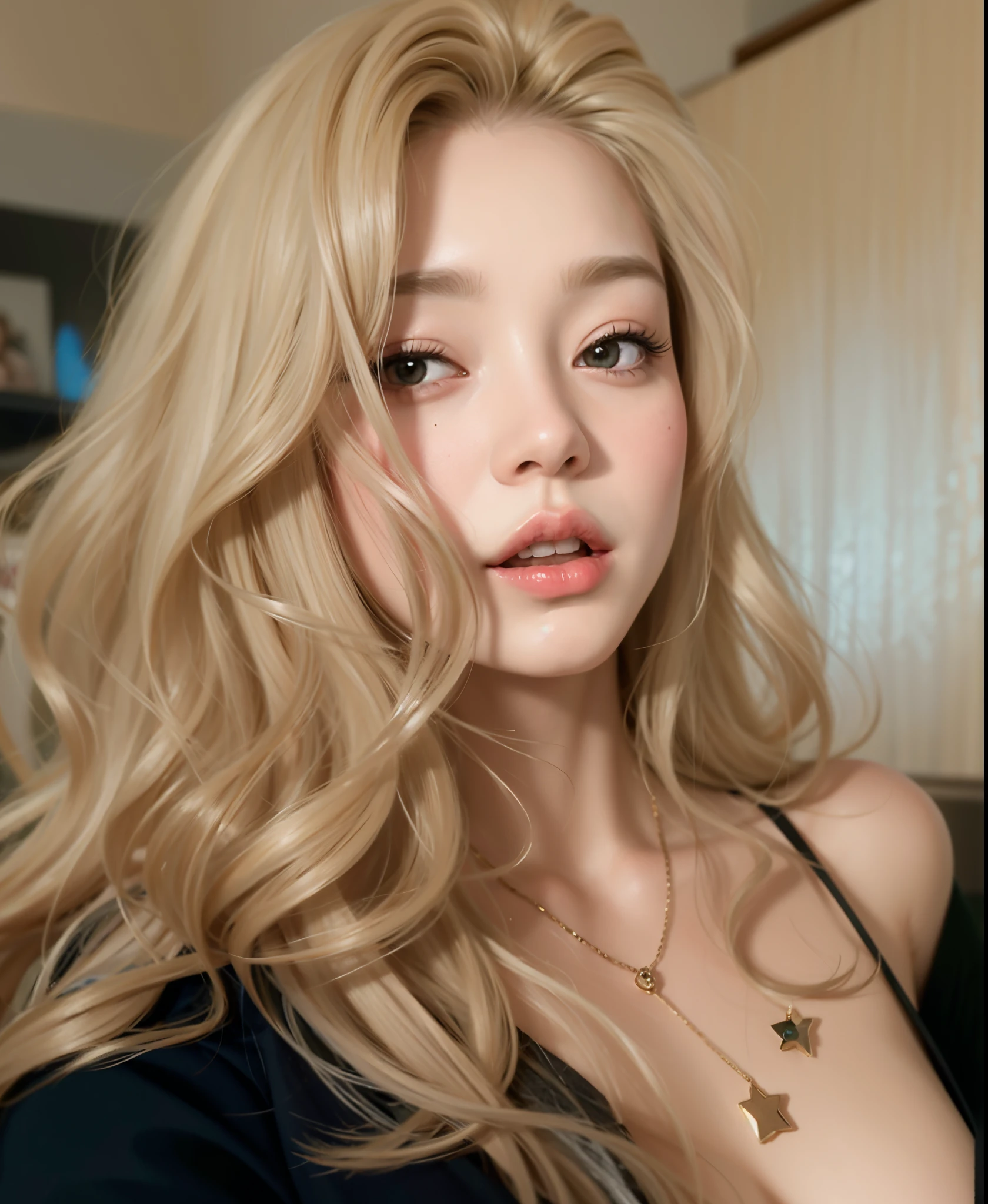 un primer plano de una mujer con cabello largo de color naranja y un top negro, pale skin curly blonde hair, hyper realista anime, cabello suelto naranja, realista. cheng yi, cabello naranja brillante, chica anime en la vida real, tema de pelo ondulado amarillo, photorealista anime, like germen de arte, ig model | germen de arte, Piel de naranja y pelo largo y ardiente., piel de naranja esponjosa