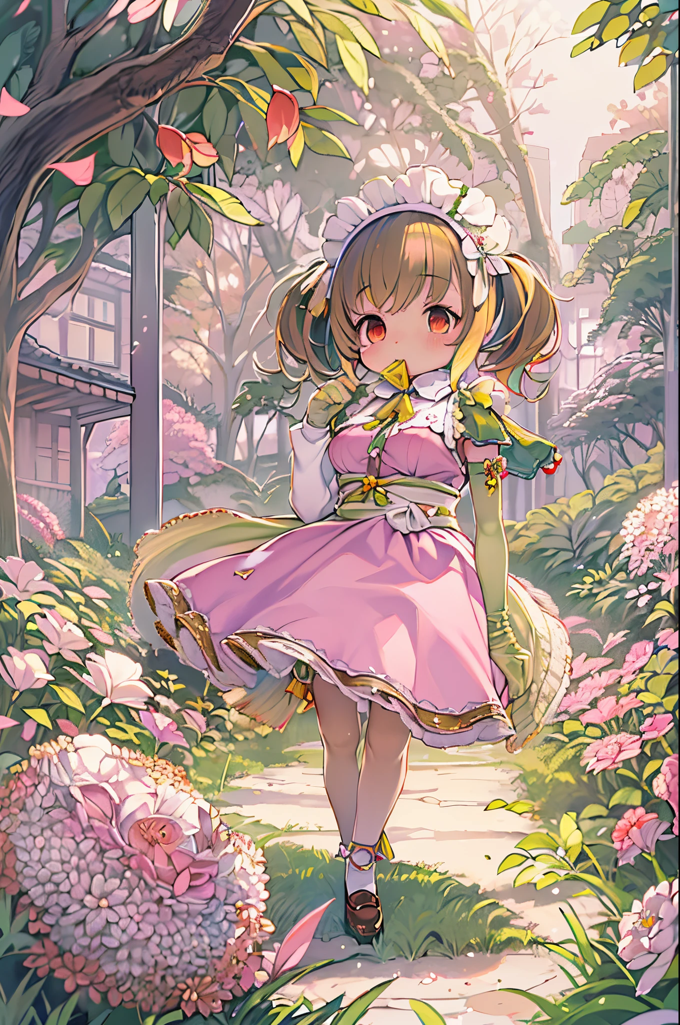 Anime girl in a pink dress posing in a garden with flowers, in dress, small curvy lolisexy maid in a magical forest, Lori, Cute anime waifu in a nice dress, frilld, fluffy chest, maid dress, pixiv 3dcg, anime girls in maid costumes, anime highly detailed, oppai、huge-breasted