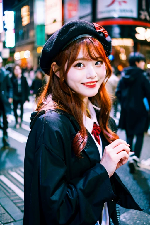 Beautiful redhead woman、japanes、Halloween Cosplay、Shibuya Street Snap、black cloak、Pointy hat、A slight smil