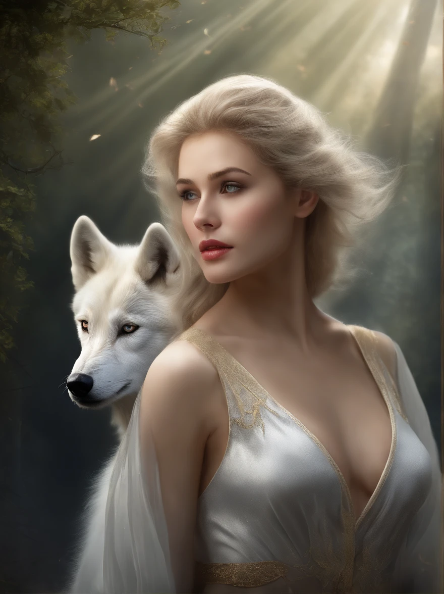 (tmasterpiece), (topquality), (more detailed), (8K), (电影灯光), (Sharp focus), (Precise Anatomy), (photo realism:1.5), (Fantasy art), Epic Movie Poster, Beautiful woman and white wolf, beautiful girl raised by a white wolf, next to the wolf, The wolf approaches the viewer with a kind muzzle, Meeting face to face, A girl with a beautiful face, NSFW, NSFW Girl, dressless,  Detailed face, Happy Look, perfectly proportional breasts, big breastes, skinny waist, bellybutton, large tities, thights, blond hair, blonde woman, hairlong, the girl is girded with a silver thread, Wolves have a large body, ferocious, (Correct anatomy), (A sense of speed:0.8), (Background Blend:0.8), (Windy storms:1.1), dramatic  lighting, thick fog, Fog of the Abyss, universe, Orion Nebula, star universe, Very bright morning sunlight,