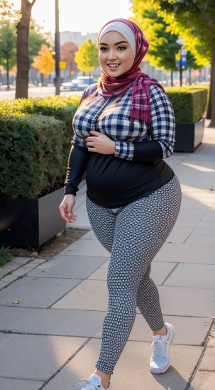 the best masterpiece, chubby hijab woman, beautiful Asian face, full breasts, wearing a checkered shirt, wearing sport leggings, walking in the city park, smiling sweetly, facial details, body details, ultra detailed, realistic quality