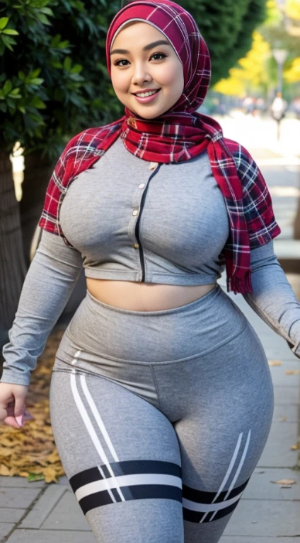 the best masterpiece, chubby hijab woman, beautiful Asian face, full breasts, wearing a checkered shirt, wearing sport leggings, walking in the city park, smiling sweetly, facial details, body details, ultra detailed, realistic quality