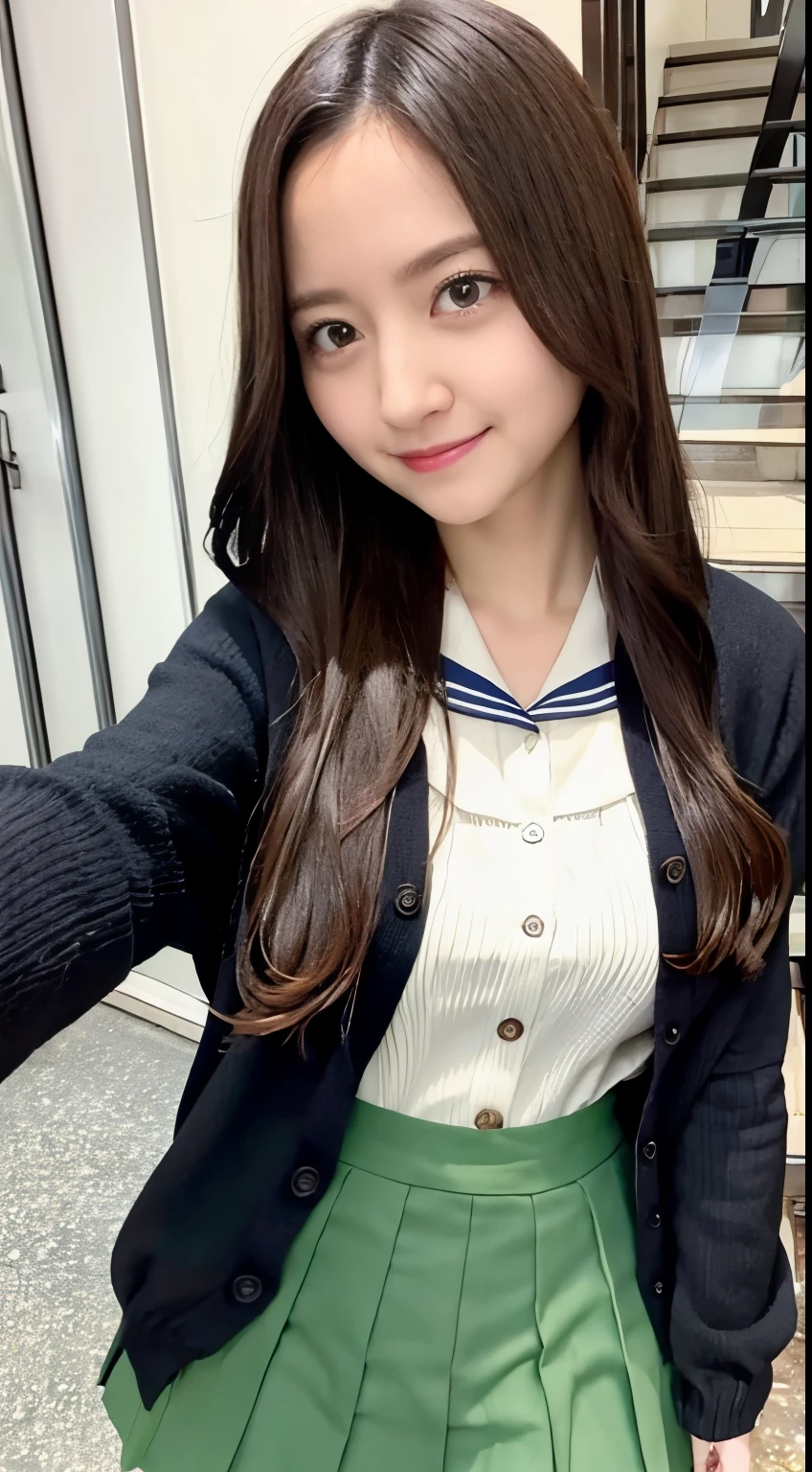 photo of a cute girl, wearing (crop-top:0.5)  sailor uniform, long sleeve, half-cleavage, pleated green_skirt, beautiful black eyes, dark-brown_cardigan, brown hair, deep-color,
BREAK
outdoor, sunshine, in the street,