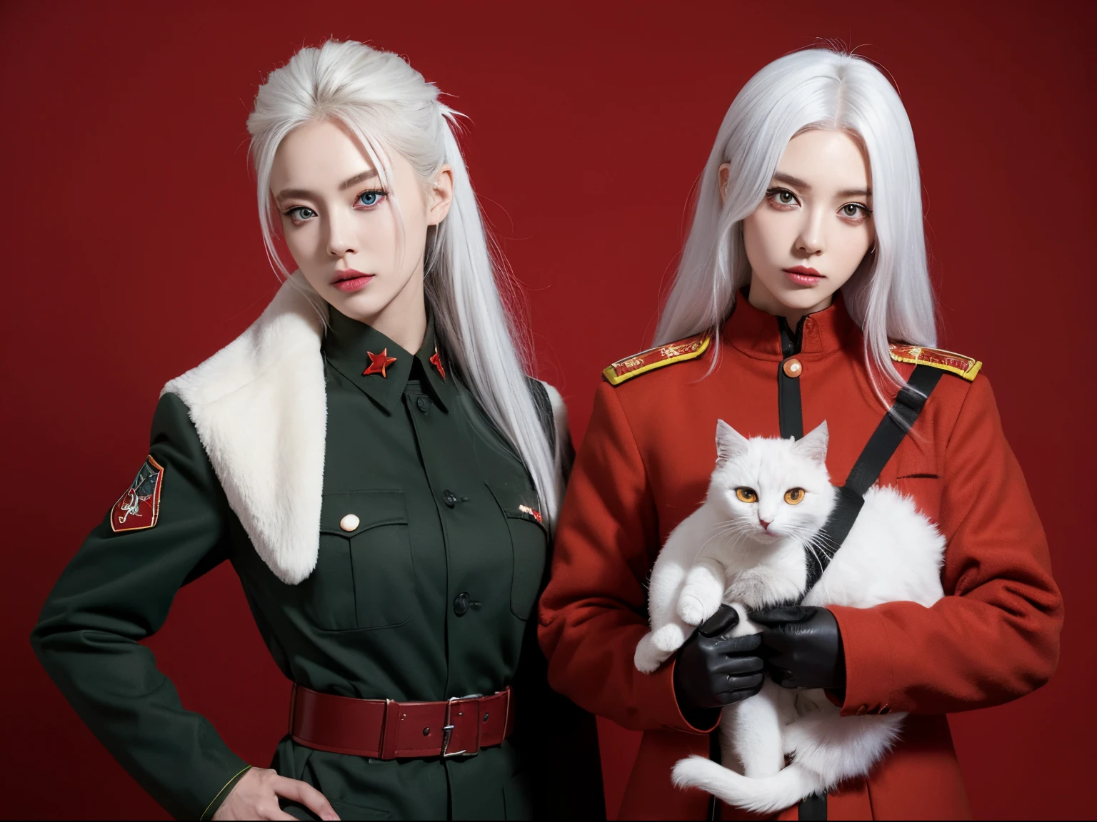 Anime style，quadratic element，Soviet military uniform，red flags，White hair，Red eyes，Poor milk，Cat lady