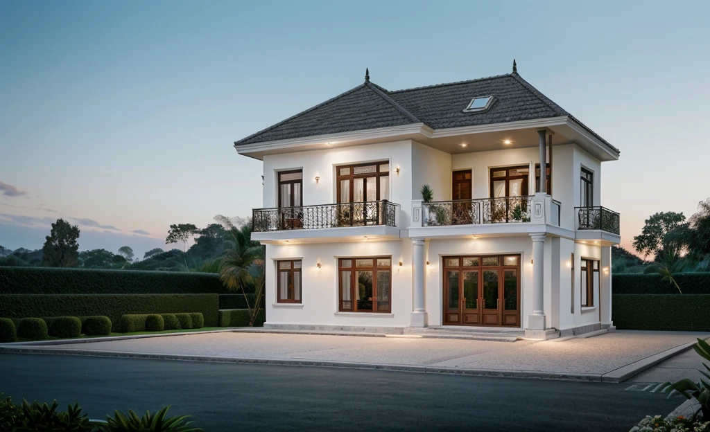 RAW photo,Masterpiece,high quality,best quality,authentic,super detail,architecture, exterior, 2 floor villa,neoclassic style, garden background, in the style of dark white and light gold, cinematic lighting, wifredo lam, high detailed,8k uhd,dslr,soft lighting,high quality,photography shot with Leica CL with Leica Summilux-TL 35mm f-1.4 ASPH