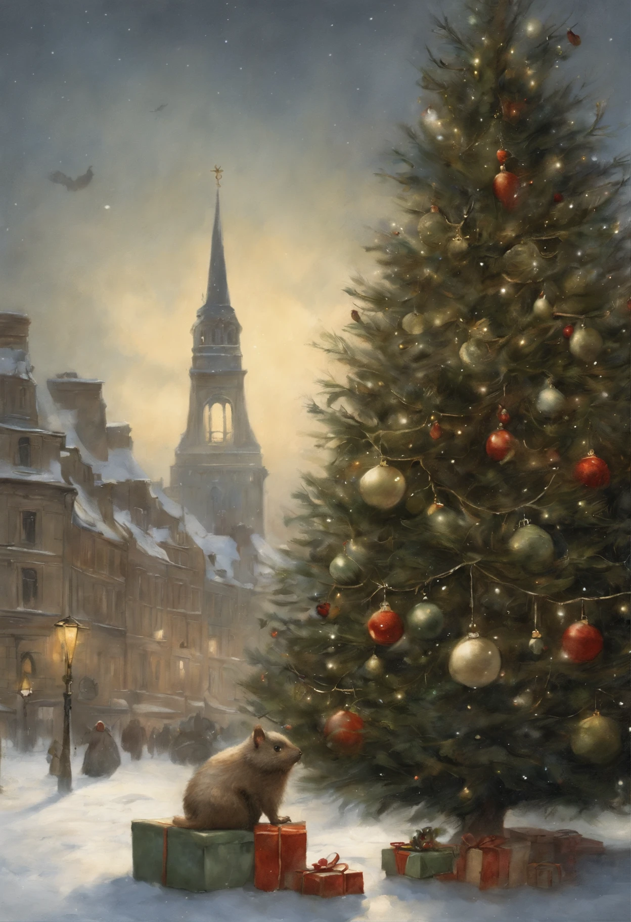 真实感, dark fantasy style, John Tolkien style, Small painting by Jean-Baptiste Monge, a little girl in a pajama suit stands near a Christmas tree holding a toy frog in her hands, stands near the Christmas tree with gifts ,  girl in pajamas, stands near the Christmas tree, The city, megalopolis, central square of the city, Downtown, Big Christmas tree, Jean-Baptiste Monge, anthropomorphic --ar 2:3 --testp -optimistic;
