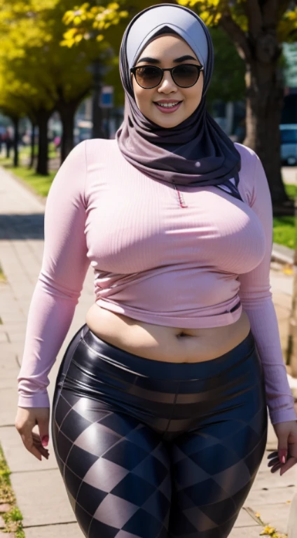 masterpiece, high quality photos, detailed photos, beautiful chubby Malay woman wearing a hijab, has super plump breasts, wearing a tight t-shirt, sexy leggings, big buttocks, posing smiling in the park, detailed body description, detailed facial description,