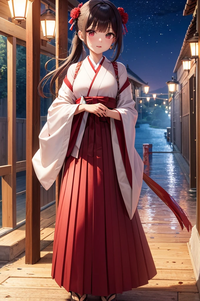 (8k wallpaper, Raw photography, top-quality, masterpiece:1.2), depth of fields, full body Esbian, 1girl in, 20yr old, Long Focus, Komono, poneyTail, A dark-haired, haori, Hakama, landscape, Blood, blood splashing, Night, side lights,