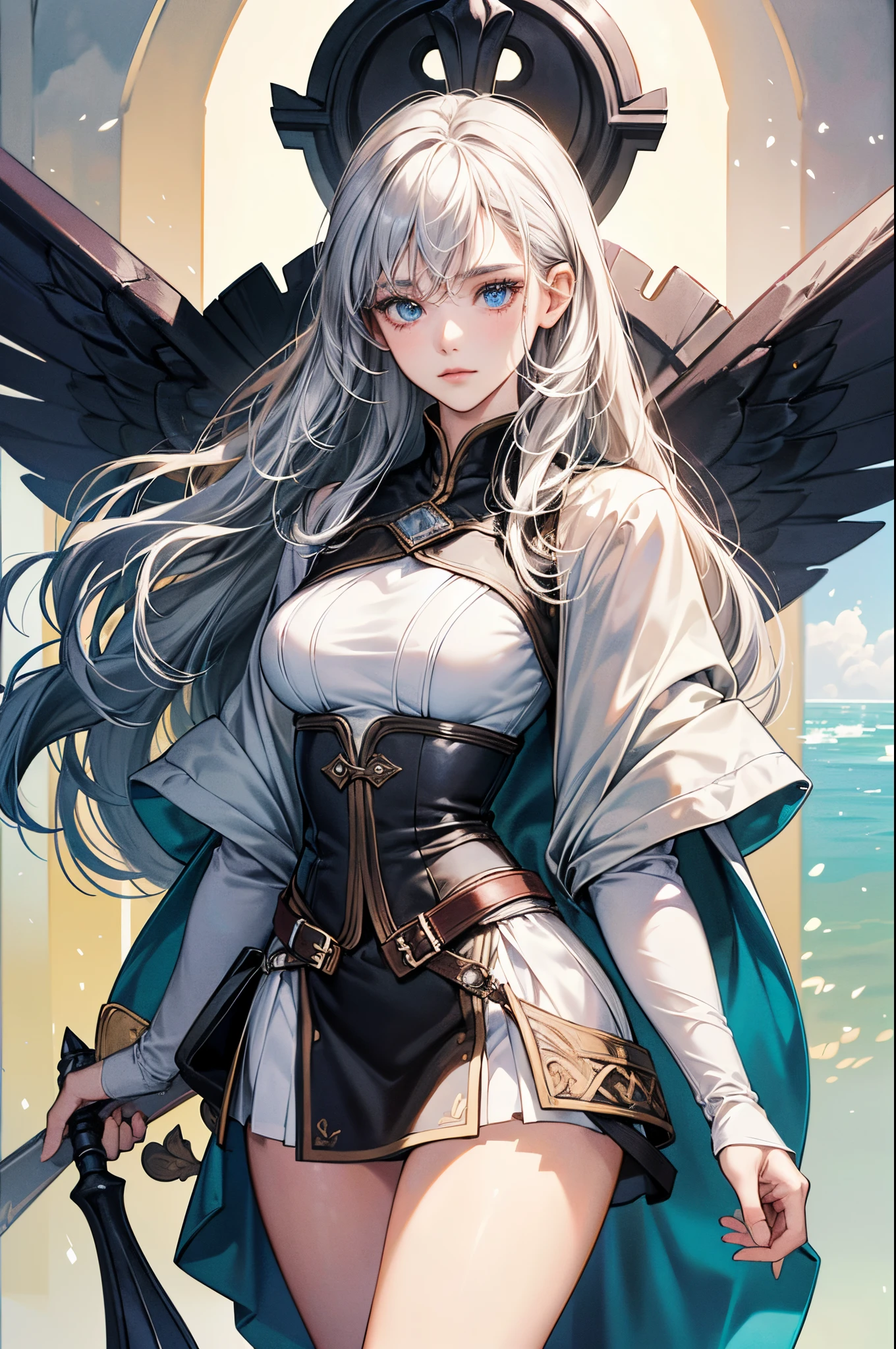 (Official art、Best Quality、Unity 8k Wallpapers、32K、 masterpiece、ultra-detailliert、High resolution,Perfect Anatomy),(natural soft light:1.2),Detailed beautiful face and eyes,shoot from front,cowboy shot,(focus 1woman,solo:1.2),20-year-old beauty,silver hair,,long hair,blue eyes,(skinny:1.2,ideal ratio body proportions:1.2,medium breasts),Woman knight、s Armor、skirt by the、a medieval castle、