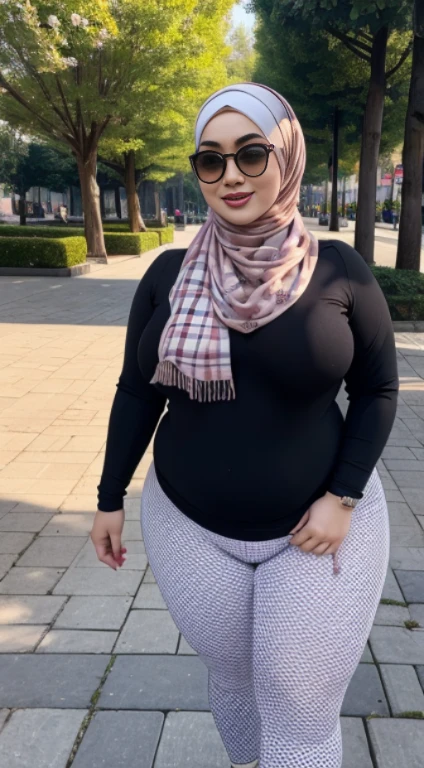 the best masterpiece, chubby hijab woman, beautiful Asian face, full breasts, wearing a checkered shirt, wearing sport leggings, walking in the city park, smiling sweetly, facial details, body details, ultra detailed, realistic quality