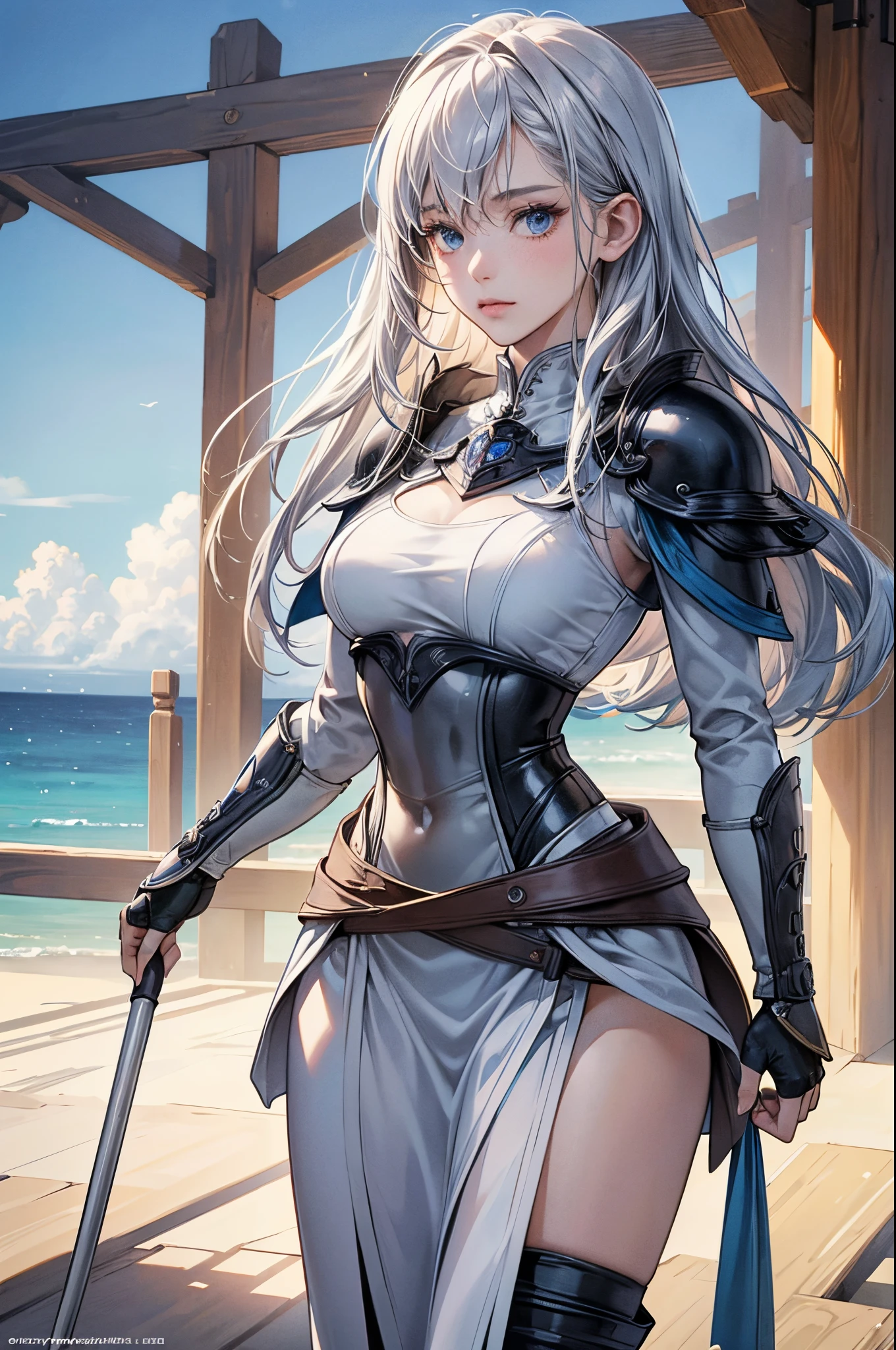 (Official art、Best Quality、Unity 8k Wallpapers、32K、 masterpiece、ultra-detailliert、High resolution,Perfect Anatomy),(natural soft light:1.2),Detailed beautiful face and eyes,shoot from front,cowboy shot,(focus 1woman,solo:1.2),20-year-old beauty,silver hair,,long hair,blue eyes,(skinny:1.2,ideal ratio body proportions:1.2,medium breasts),Woman knight、s Armor、skirt by the、a medieval castle、