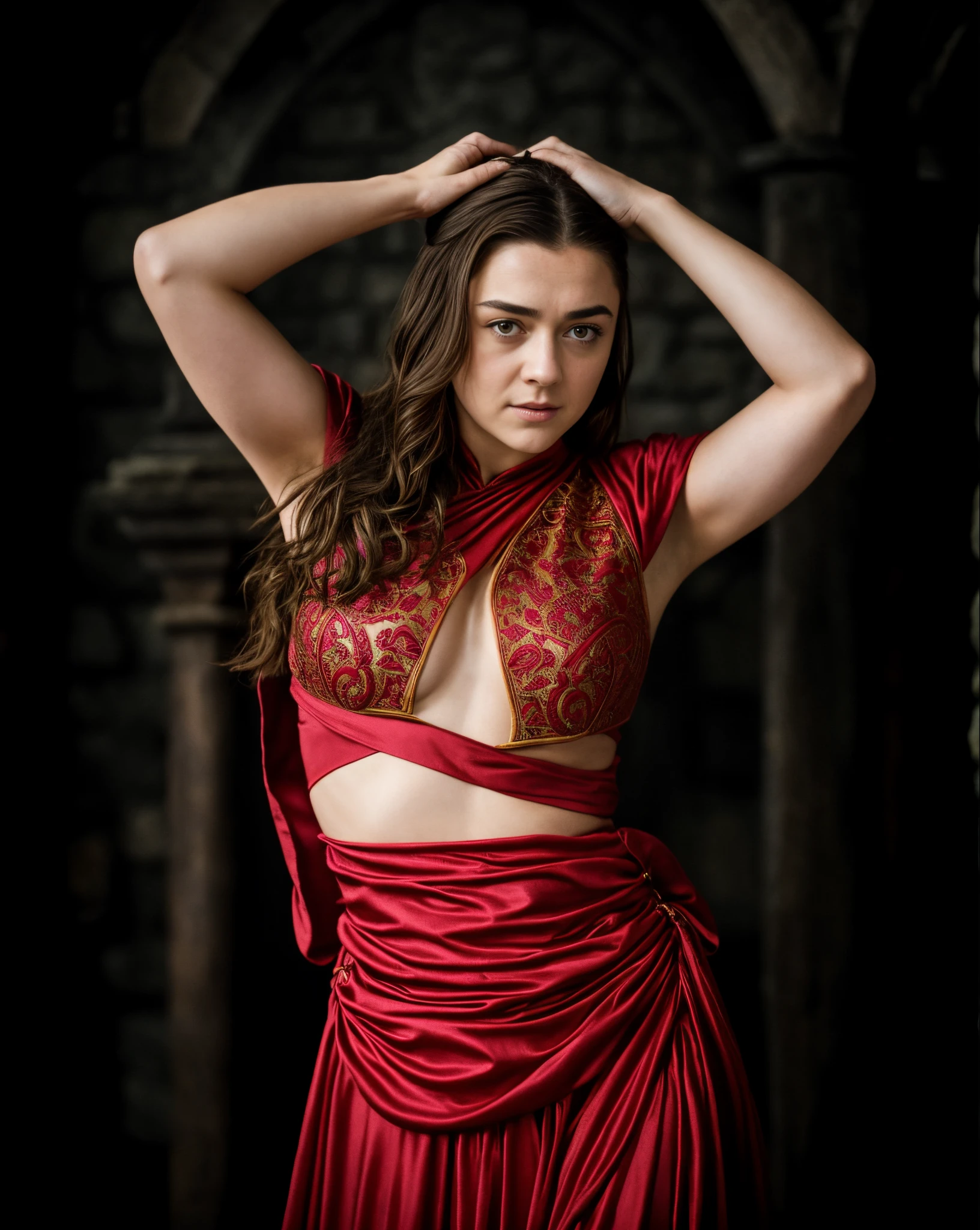 Foto RAW, Arya Stark, Extremely gorgeous lady, Arya Stark PLAYED BY MAISIE WILLIAMS, Queen Arya Stark, she  a mature woman now, milf, sexy mediaeval battle dress, gladiator woman, body, 40 years old Woman, body revealing costumes, perky breast, skin pores, big natural breast, erotic costumes, lusty physique, seductive figure can capture every people's attention, Game of thrones costumes, revealing captivating figure, Mediaeval costumes, revealing clothes, A tomboy, she would rather fence than dance, warrior queen , game of thrones screen caps, Game of Thrones Series, (pele altamente detalhada: 1.2), 8k UHD, DSLR, soft-lighting, alta qualidade, grain of film, Fujifilm XT3, flawless picture, highly detailed, detailed Beauty, intricate, 32k, sharp picture,